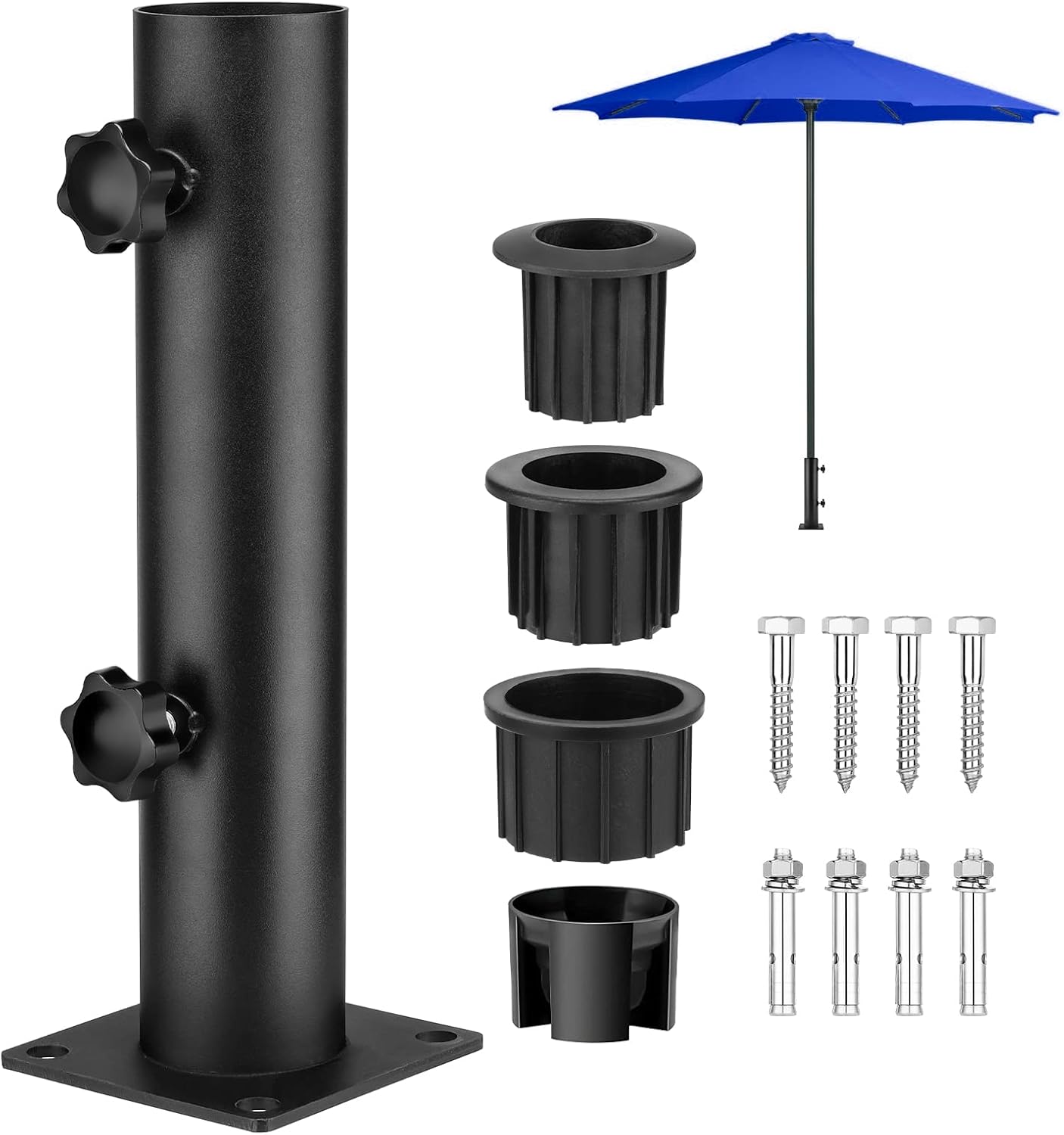 Lalafancy Outdoor Umbrella Deck Mount, 4'' Patio Umbrella Base Ploe Diameter fit φ1 1/4"-1 9/10", Heavy Duty Steel Patio Umbrella Holder Bolt into Deck Concrete Table Lawn
