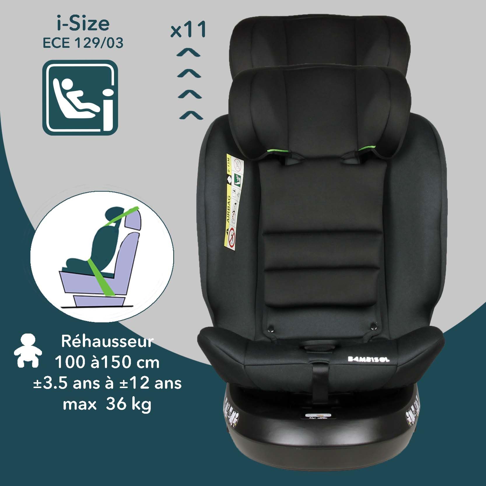 Bambisol - Siege Auto Rotatif 360° - Evolutif Rehausseur - Isofix I-Size ECE129/03-40cm (Naissance) à 150 cm (environ 12 ans - 36 kg)