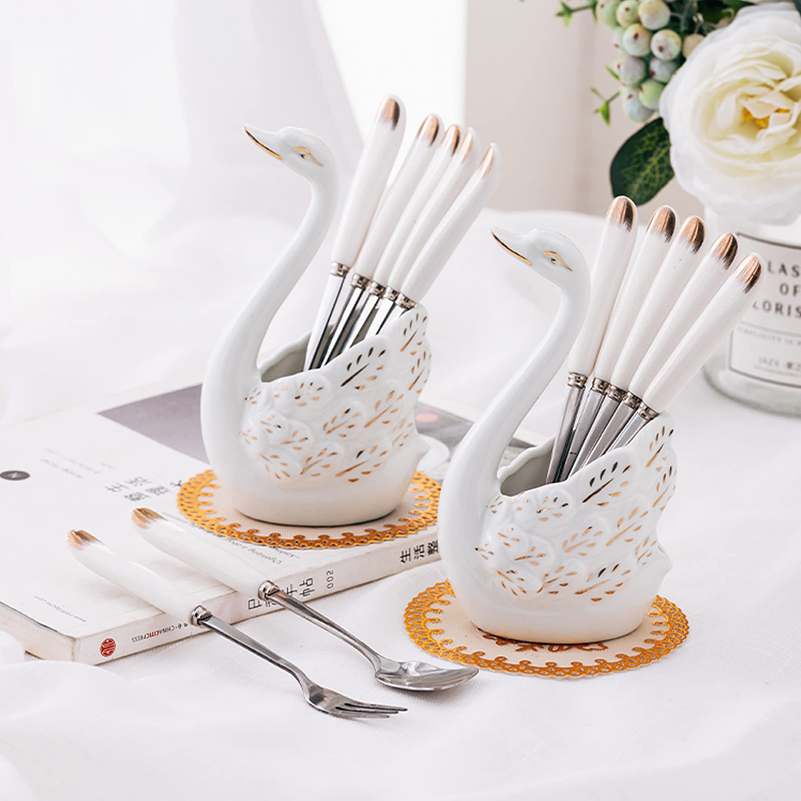 Ceramiche squisite ， Set di cucchiai forchetta in acciaio inossidabile con manico in ceramica for uso domestico, set di cucchiai di forchette for torte da dessert, forchette da frutta, ornamenti for l