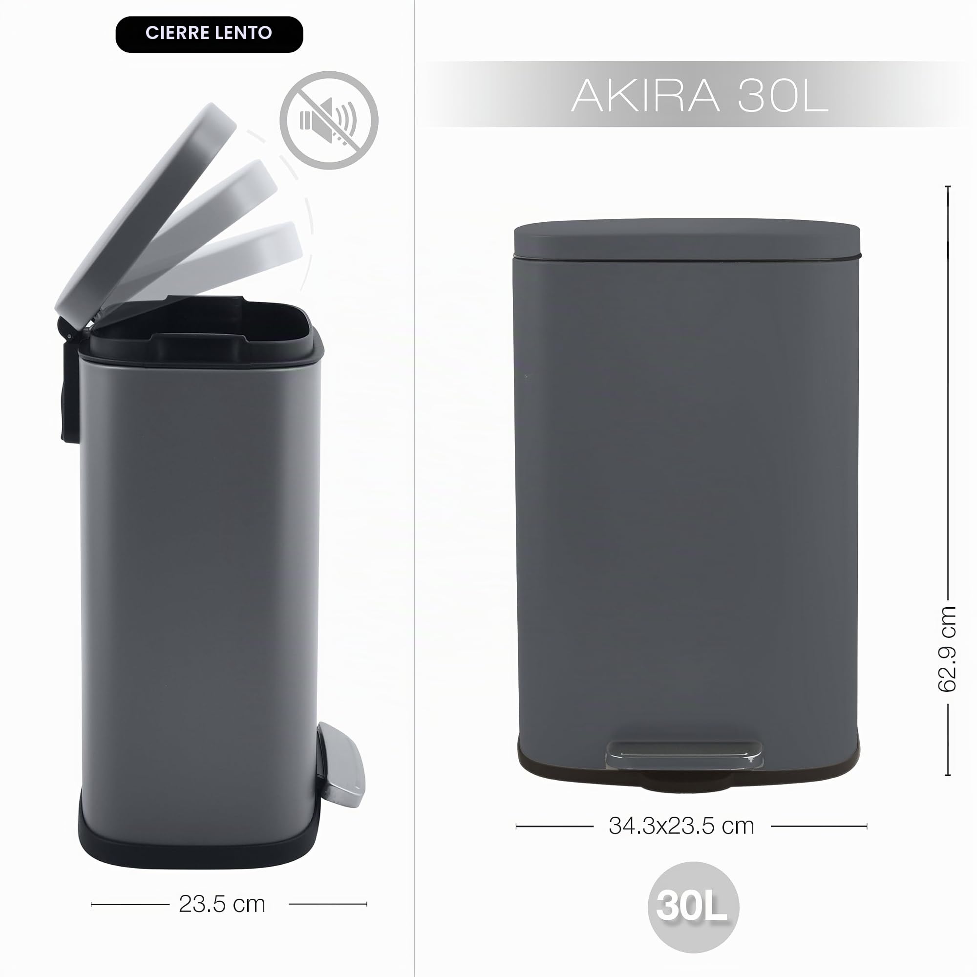 Spirella - Cubo de Basura de Cocina de Gran Capacidad Modelo Modelo Akira - Acero Resistente con Cubo Interior Extraíble - Cierre Lento y Silencioso - Gris Mate - 30L