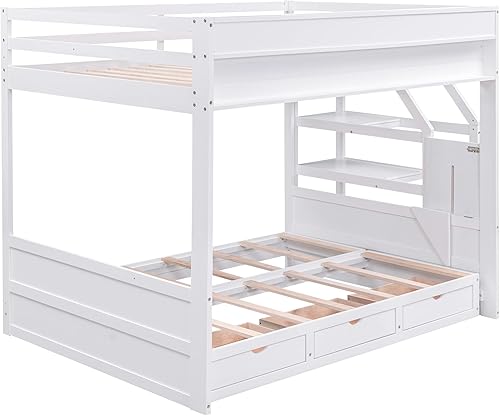 Miniatura 8 de Literas tipo futón de tamaño matrimonial sobre tamaño matrimonial con escaleras y cajones de almacenamiento, base de cama convertible de madera con