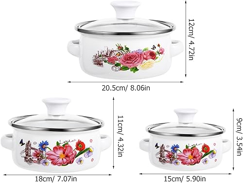 Miniatura 3 de Amosfun Juego de 3 ollas esmaltadas con tapa, olla de cocina retro de flores, olla de sopa vintage, olla de estofado para cocinas de inducción,