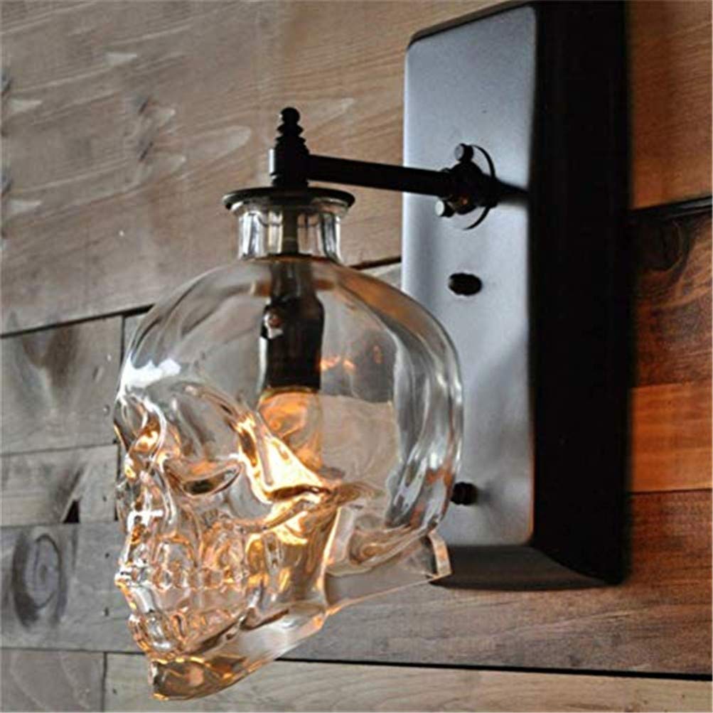 Vintage Totenkopf Wandleuchte Mit Schalter & Stecker – Schwarze Schädel Wandlampe Mit Glas Lampenschirm G9 Für Schlafzimmer, Bar & Flur (mit Leuchtmittel)