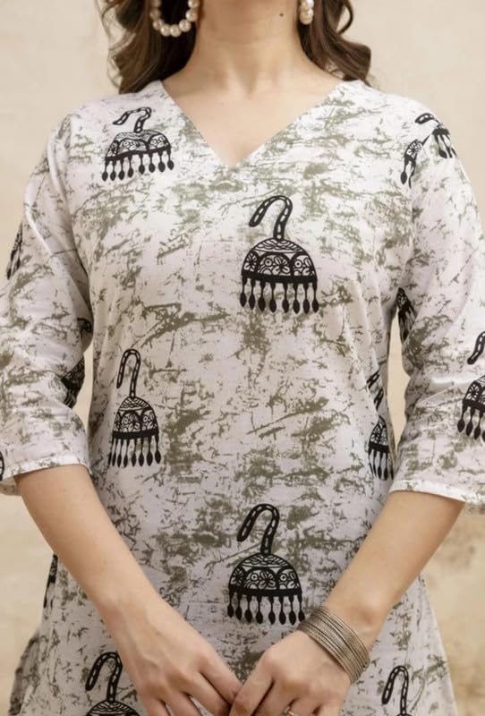 Image of Women's Ethnic Printed Rayon Short Kurta | Stylish Round Neck V-Slit Straight Kurti | Comfortable, Office & Casual Kurta for Jeans, Leggings & Trousers