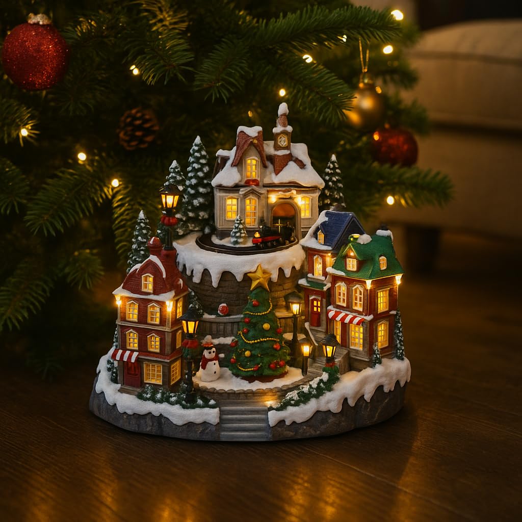 VARZI Carillon Natalizio Villaggio Luminoso con Trenino, Case e Albero di Natale, 37 LED fissi, Decorazione Festiva Interna, Perfetta per Le Feste 30cm 1956