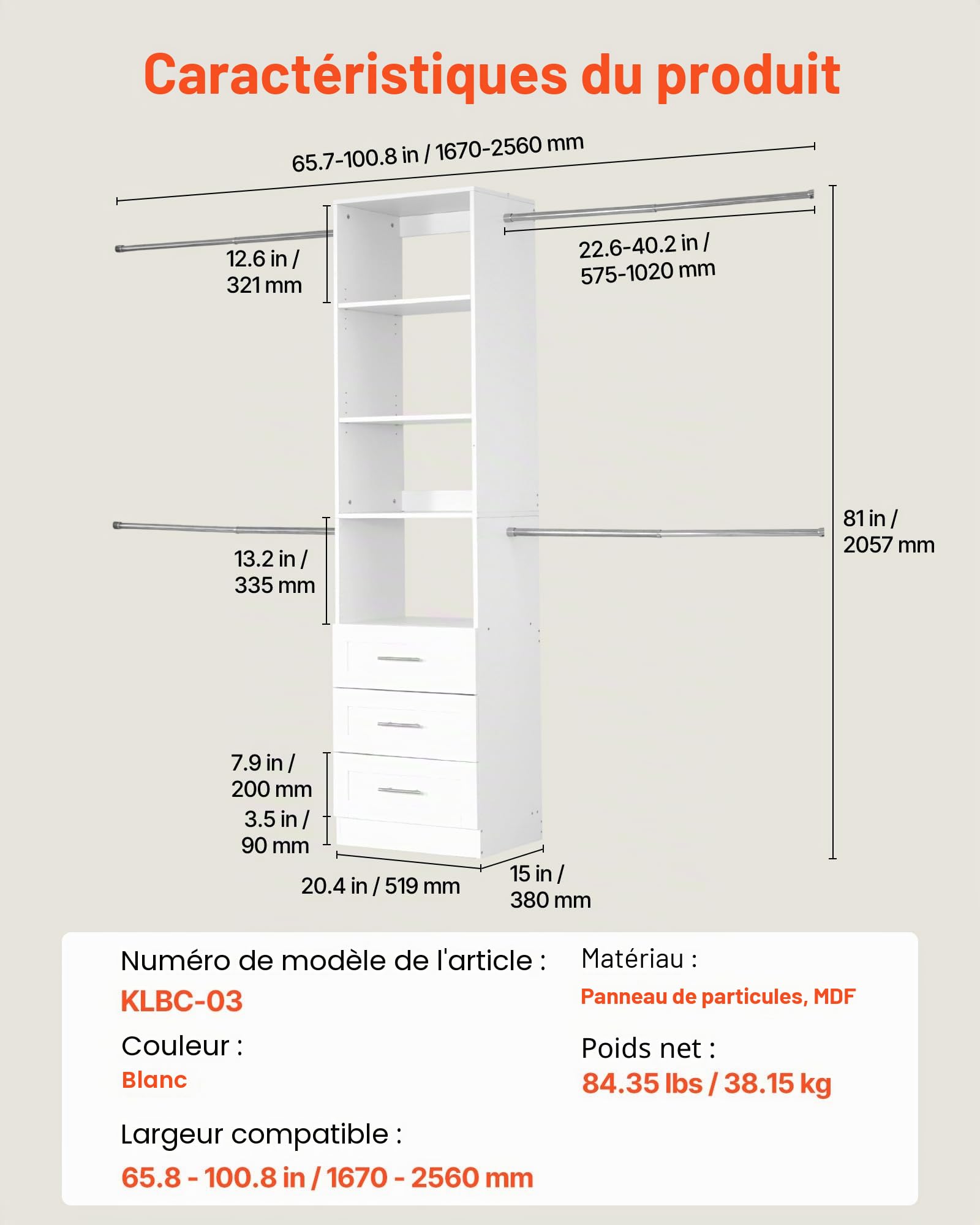 VEVOR Système de Placard avec 3 tiroirs, système d'organisation de Placard en Bois à Hauteur réglable, Porte-vêtements avec 4 tringles à vêtements rétractables, pour Rangement de Chambre, Blanc