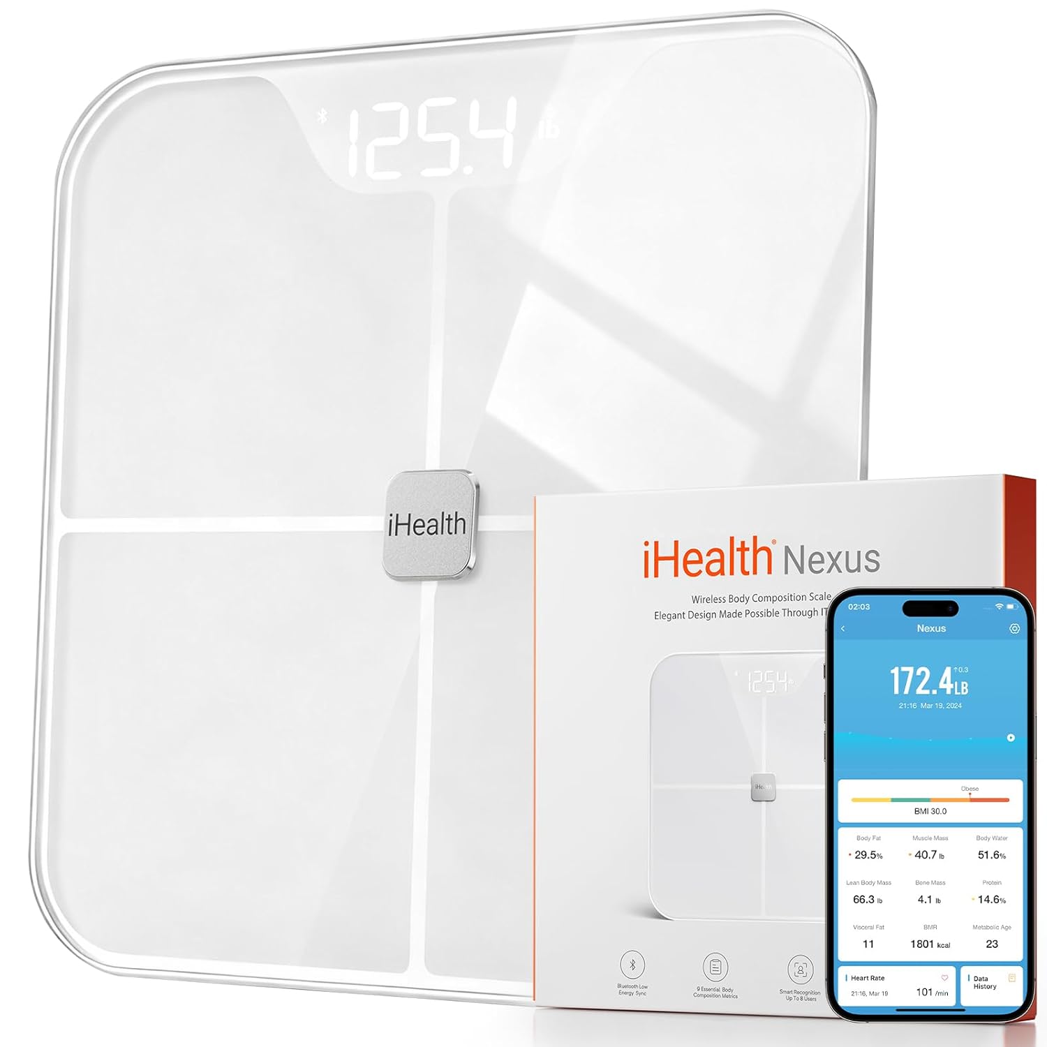 iHealth Nexus Smart Scale: Bluetooth Body Composition Monitor for Weight, Fat, Muscle, BMI - 0.1lb Accurate, iOS/Android App, Multi-User White