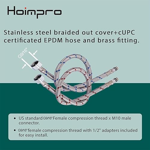 Miniatura 3 de Hoimpro Conector de grifo de cocina de baño de 24 pulgadas de largo, manguera de suministro de acero inoxidable trenzado, manguera cUPC, 1 par de