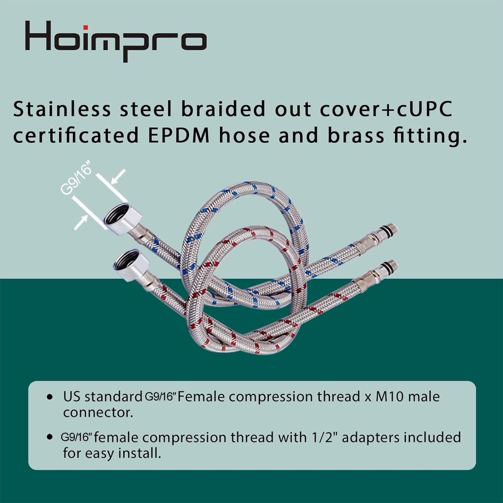 Hoimpro Lot de 2 connecteurs de robinet de cuisine en acier inoxydable tressé de 61 cm de long - 1 paire de filetage de compression femelle de 9,5 mm x connecteur mâle M10