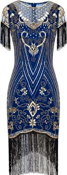 Image of 867 - Plus Size 1920s Vintage Fringed Sleeves Gatsby Sequin Tassels Hem Flapper Party Prom Cocktail Concert Dress