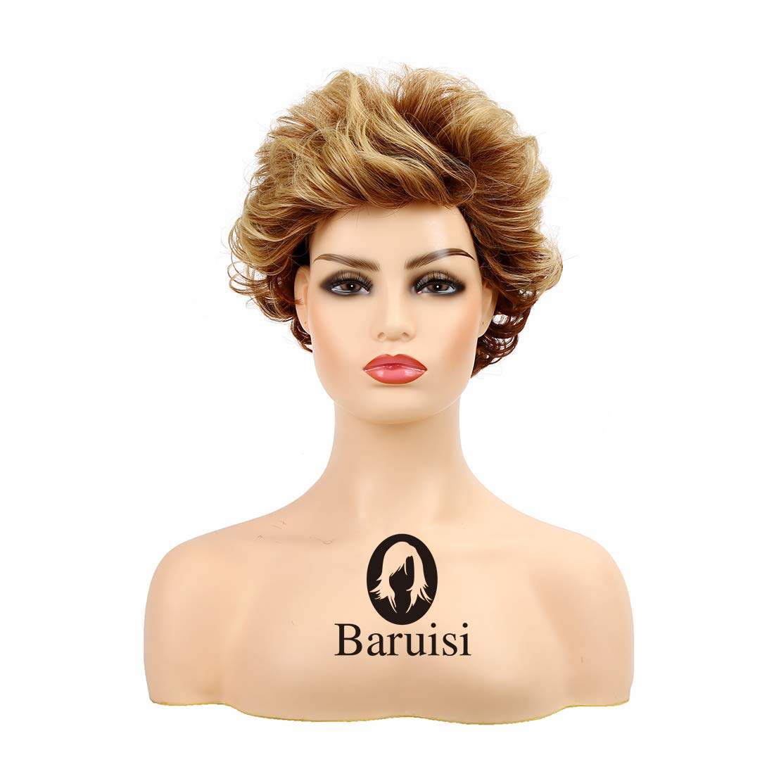 Baruisi Short Brown Pixie Wigs for Women Natural Looking Layered Curly Fluffy Synthetic Hair Wig with Bangs - Image 2