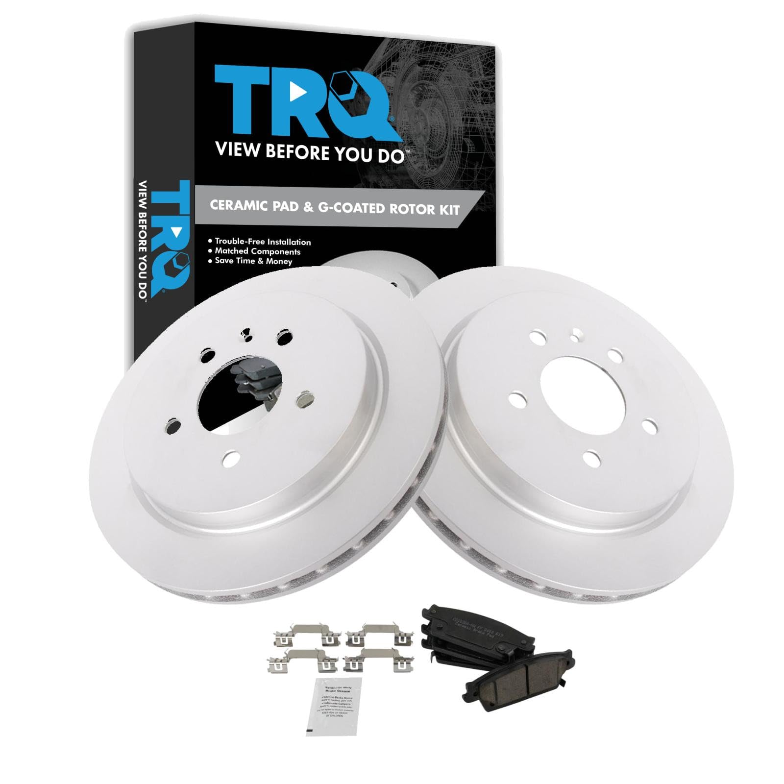 TRQ Rear Brake Pad and Rotor Set Ceramic Coated Rotors Brake Code JE5 298mm Rotor Diameter Compatible with 2006-2007 Cadillac CTS 2005-2009 STS