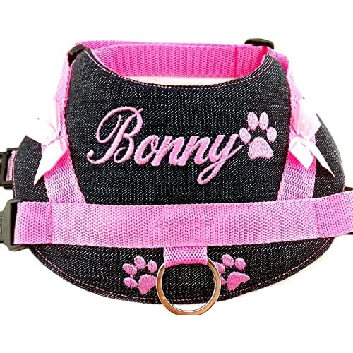 Hundegeschirr S M L XL XXL Brustgeschirr mit Namen bestickt Jeans Rosa kleine mittelgroße und große Hunde