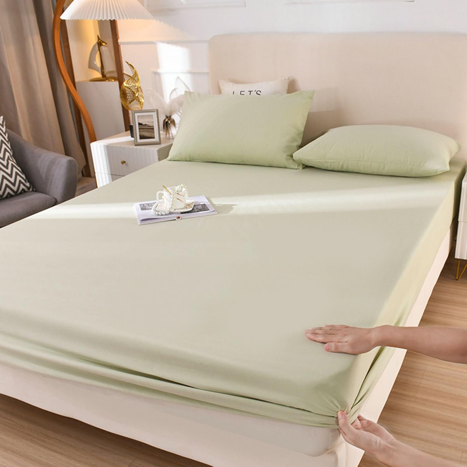 Drap housse coton vert uni 150x200cm créez une ambiance zen dans votre chambre
