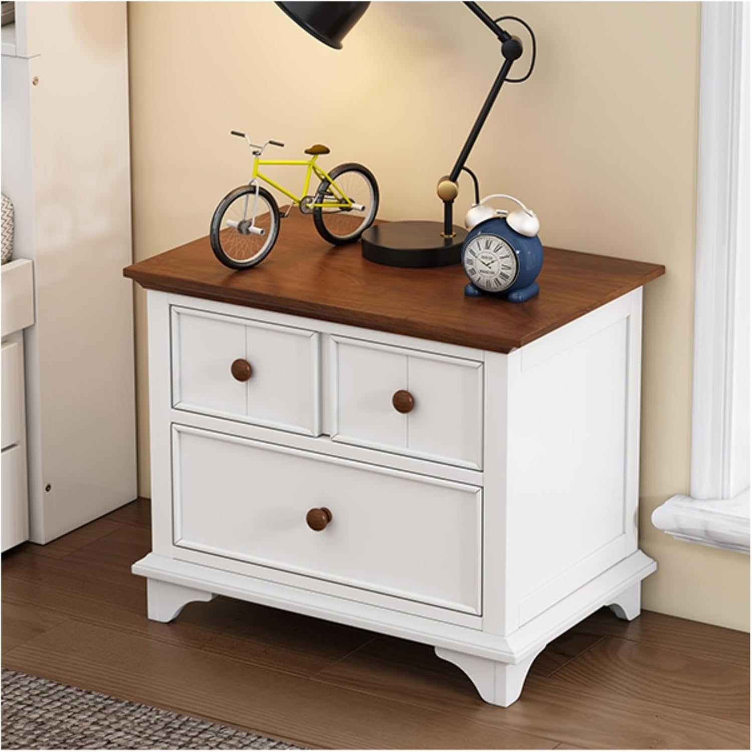 Two-Drawer Nightstand Kids Night Stand End Side Table for Bedroom, Living Room, Kids' Room, White+Walnut