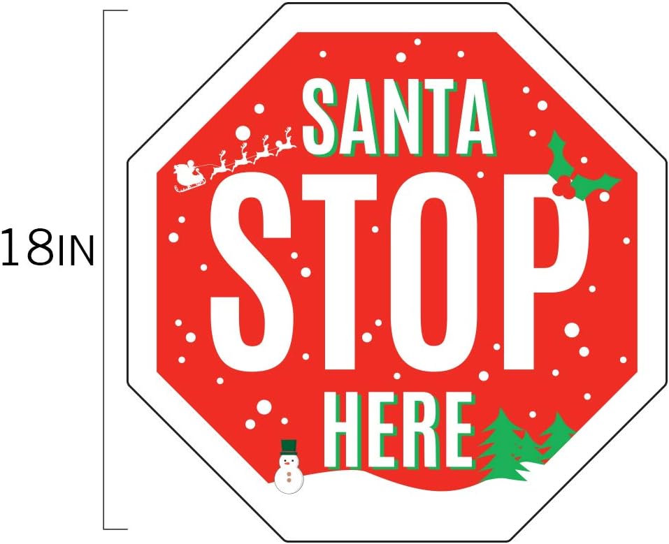 Vispronet Santa Stop Here Sign – 18in x 18in Christmas Placard with (2) Steel Stakes, Outside Holiday Decorations, Made From Corrugated Plastic, Winter Porch Decor, Printed in The USA