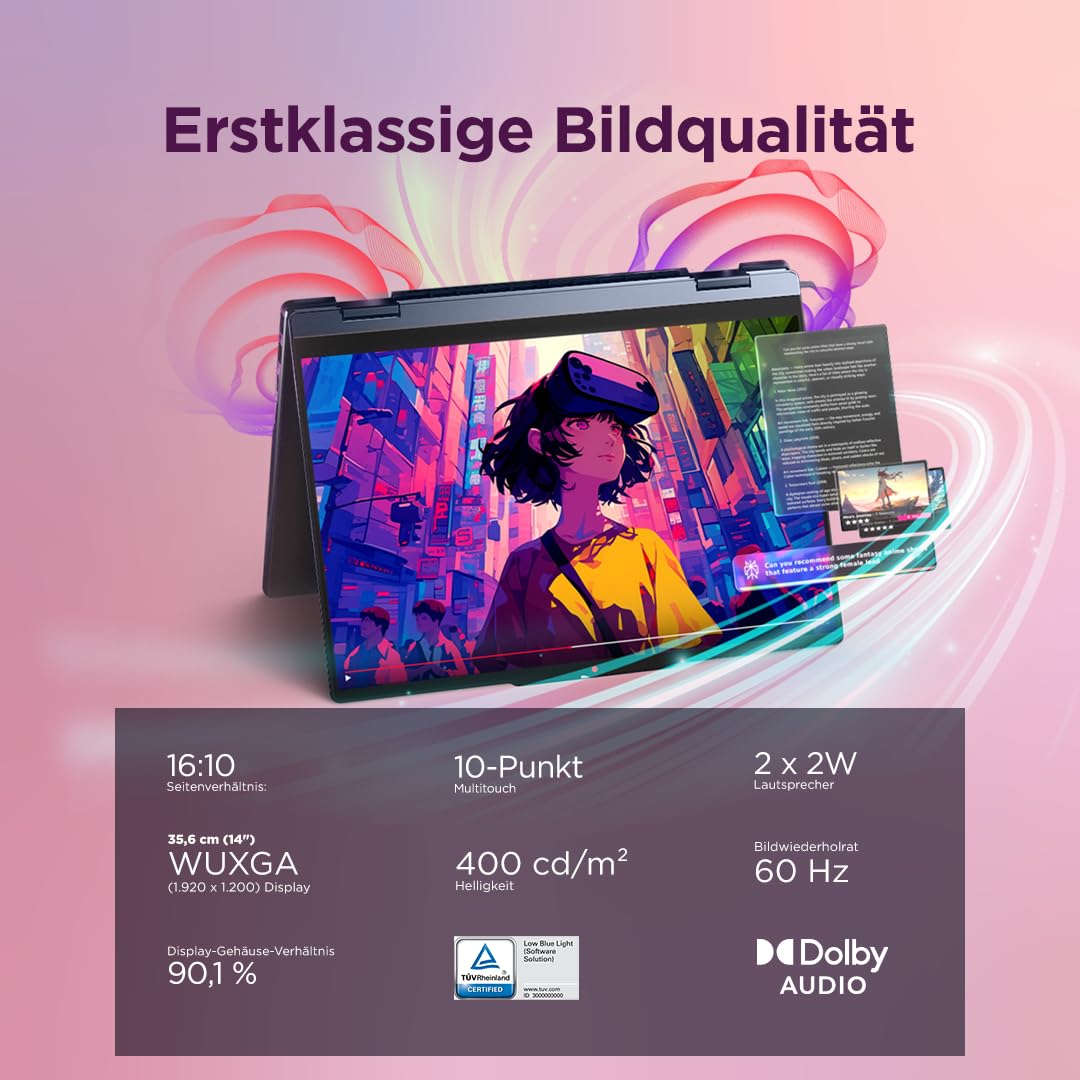 Lenovo IdeaPad 5 2in1 Laptop | 14" WUXGA Touch Display | AMD Ryzen 7 250 | 16GB RAM | 512GB SSD | AMD Radeon 780M | Windows 11 | QWERTZ | exkl. Farbe in Cosmic blau | 3 Monate Premium Care