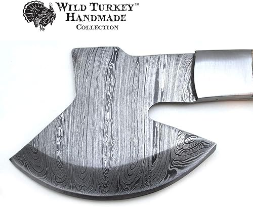 Miniatura 2 de Wild Turkey Handmade Damascus Steel Collection - Hacha de hoja fija de 9 pulgadas con funda de cuero