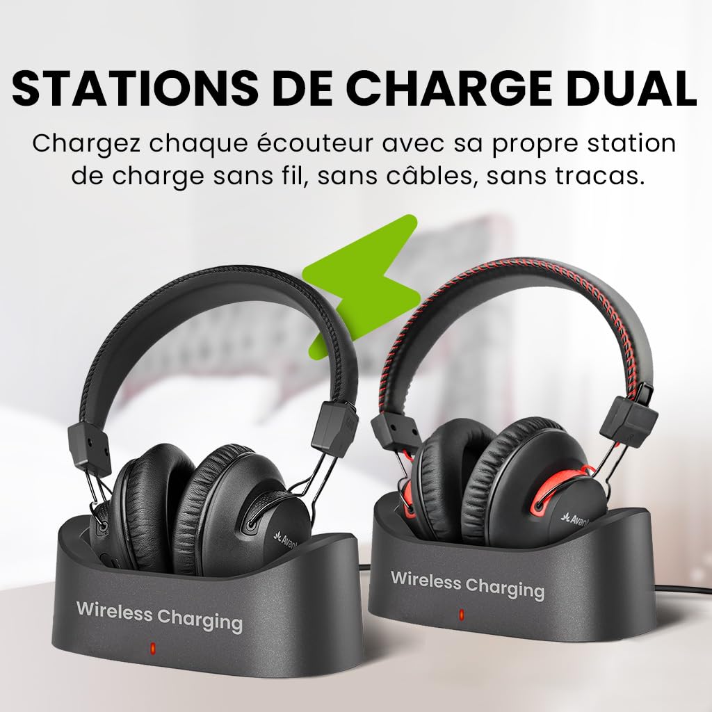 Avantree HT41899 Plus 2 – Dual Casque TV sans Fil Bluetooth 5.3 pour Television avec Transmetteur, Stations de Charge, aptX Adaptive et Latence Basse – Compatible Optique et AUX 3,5 mm