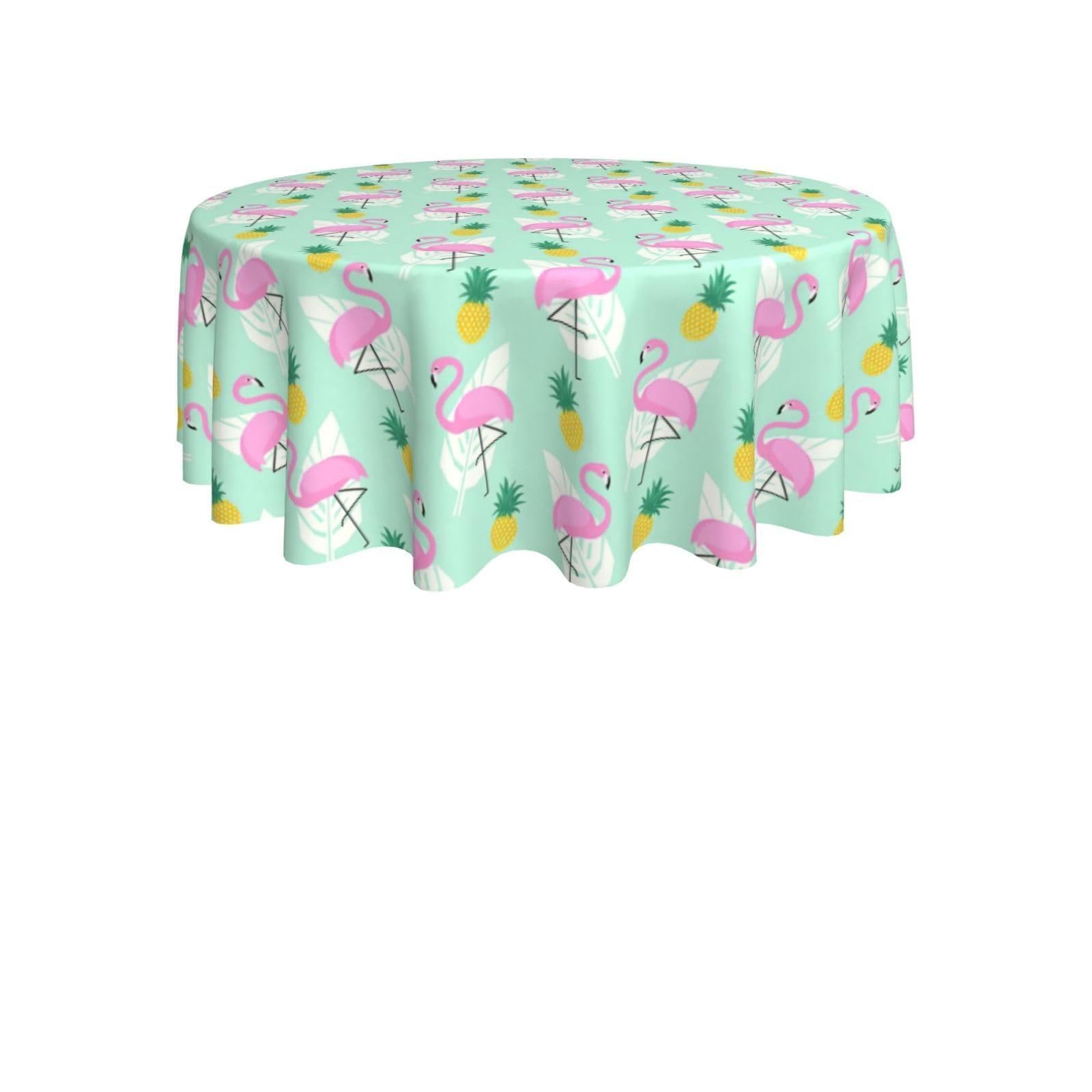 ENGhjes pink flamingo pineapples Print Round Tablecloth 60in Washable Stainproof Polyester Cloth for Kitchen Idea