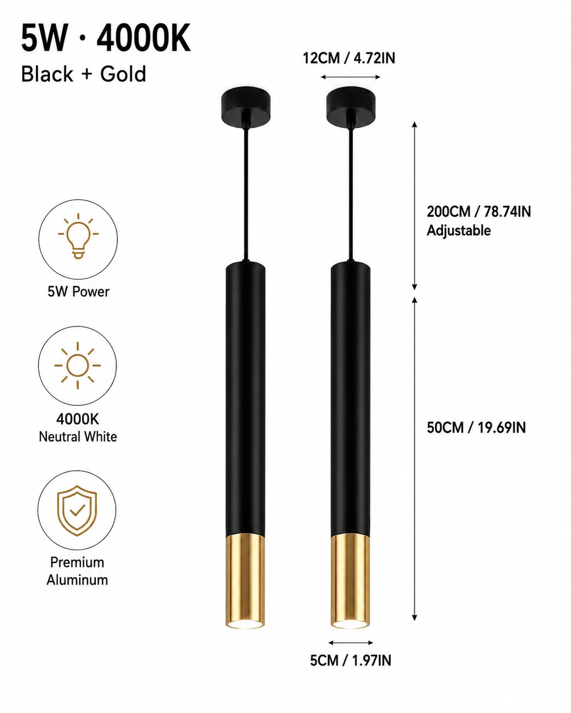 Lámpara colgante for isla de cocina, 2 paquetes lámpara techo cilíndrica 19,69 pulgadas, noche for dormitorio con iluminación 5W 4000K, barra tubo largo, cable UL, luz empotrable ajustable