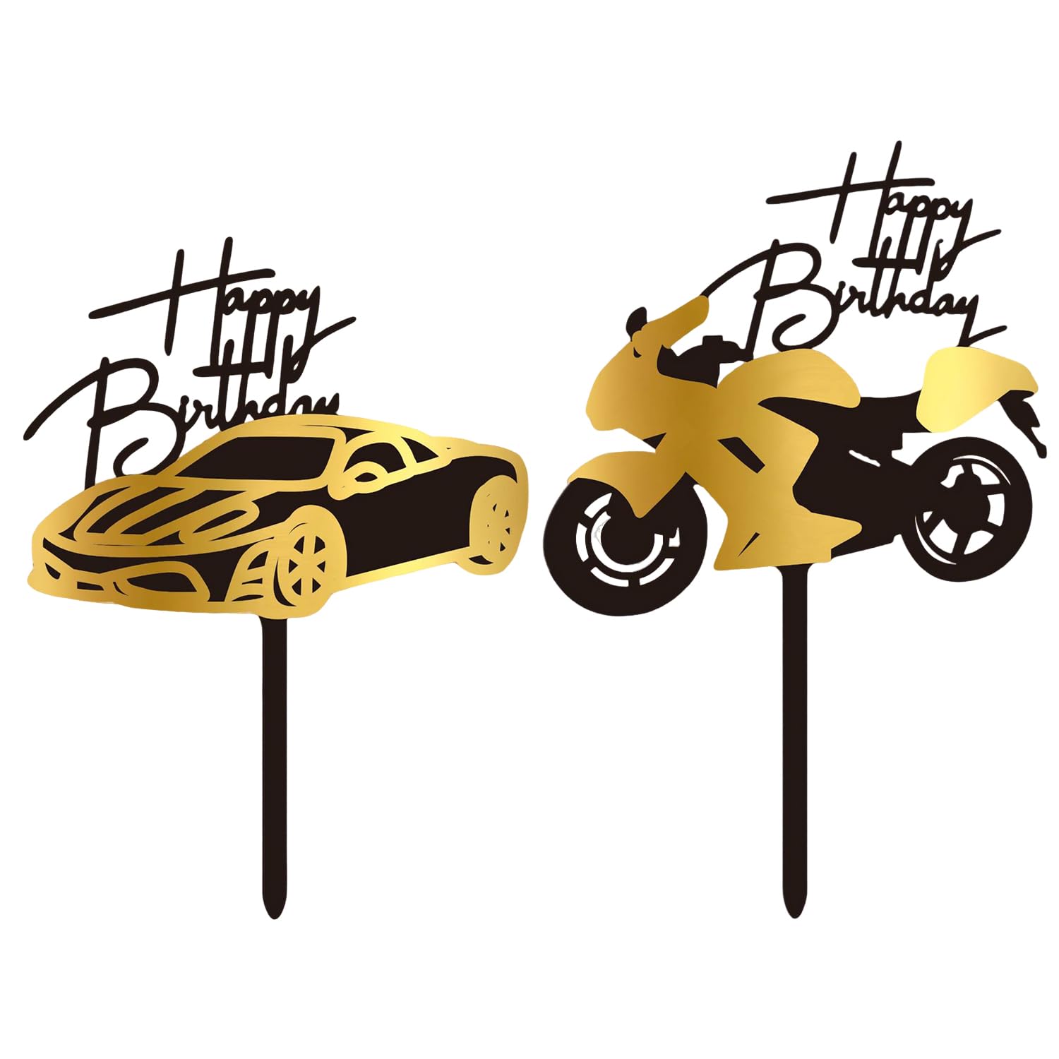Nidhfg Black And Golden 2 Pieces Car And Motorcycle Placards, Creative Cake Decorations, Birthday Party Supplies, Cake Accessories.