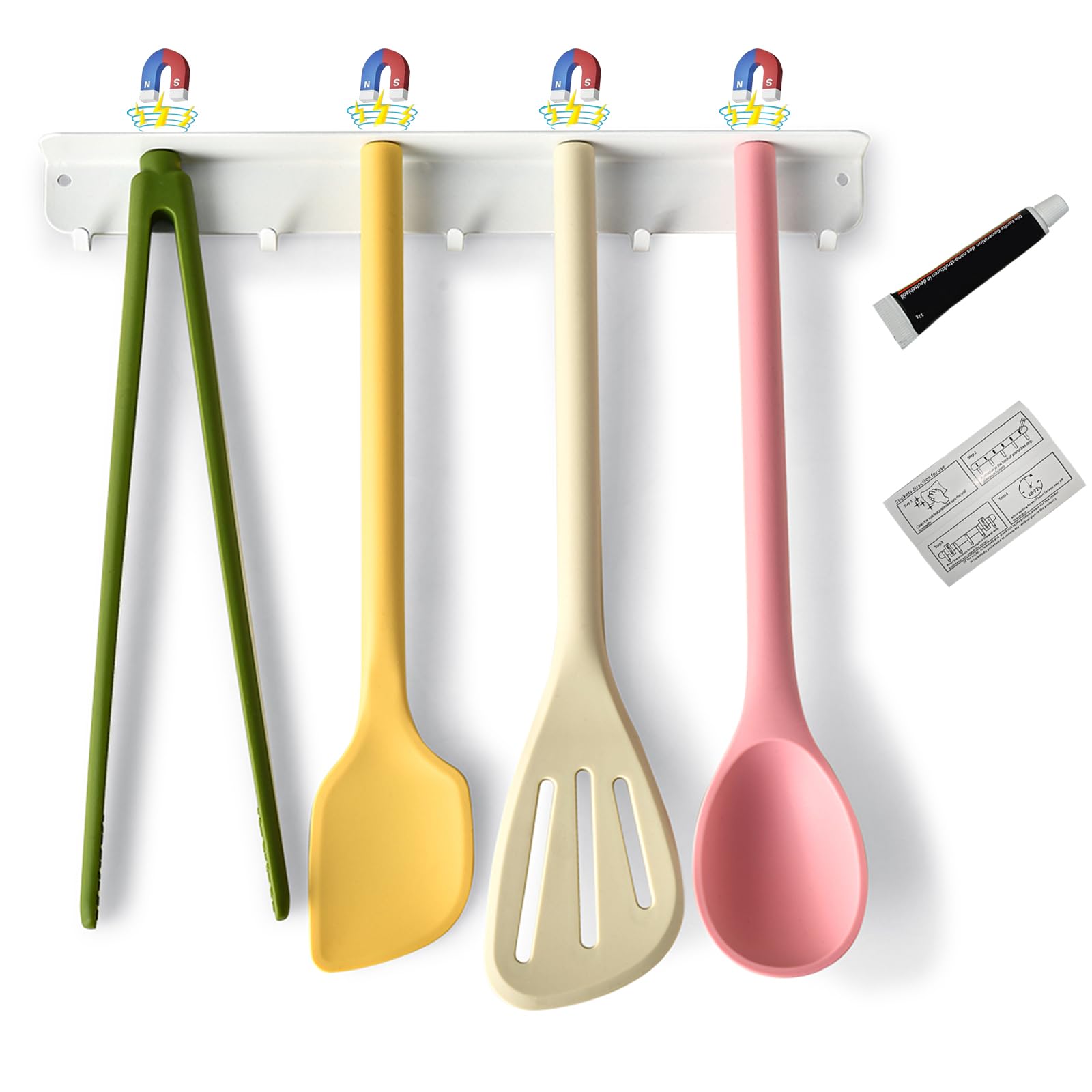 Warewell Magnetic Cooking Utensils Set with Adhesive Wall Rack, [Macaron Color Scheme] Colorful Silicone Utensils Set for Cooking, Non Toxic, With Spatula, Slotted Turner, Ladder Spoon & Tong, 5 Pcs