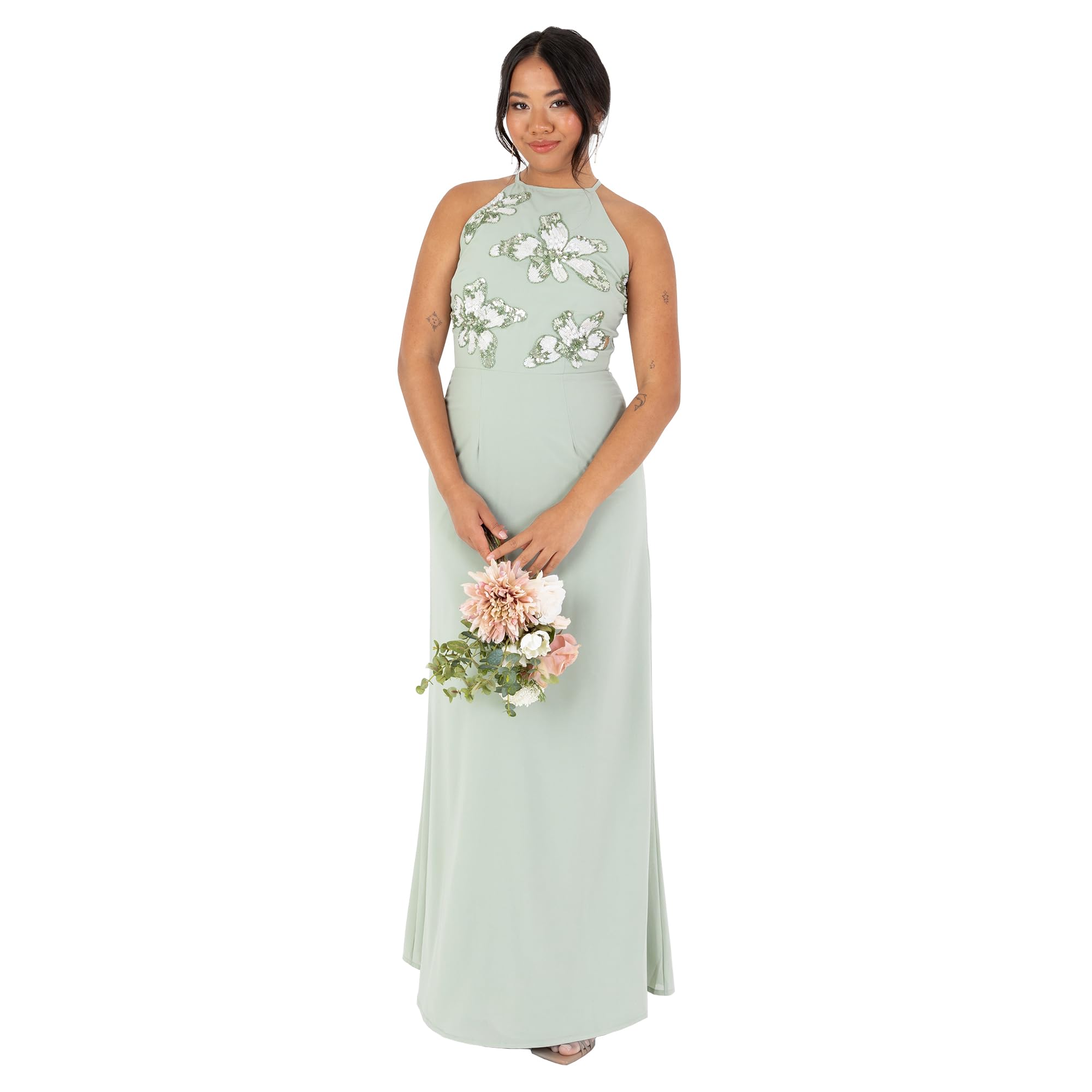 Maya Deluxe Women's Maxi Dress Ladies Sleeveless Halter Neck Floral Sequin Embellished A-line for Wedding Guest Evening Ball Gown Dress