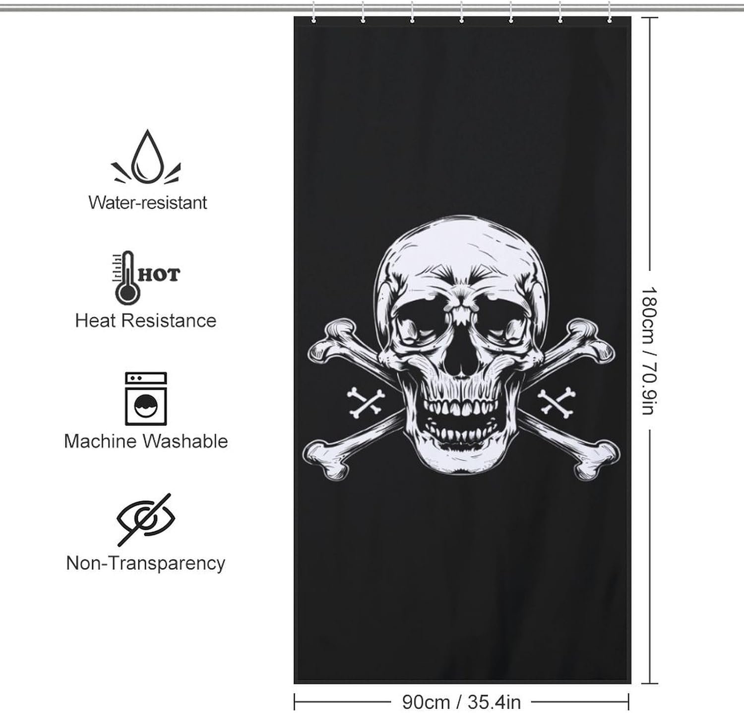 Skull & Crossbones Funny Shower Curtains Washable Bath Curtain Liner with Hooks for Bathroom Bath Tubs 36x72Inch（92x183cm）