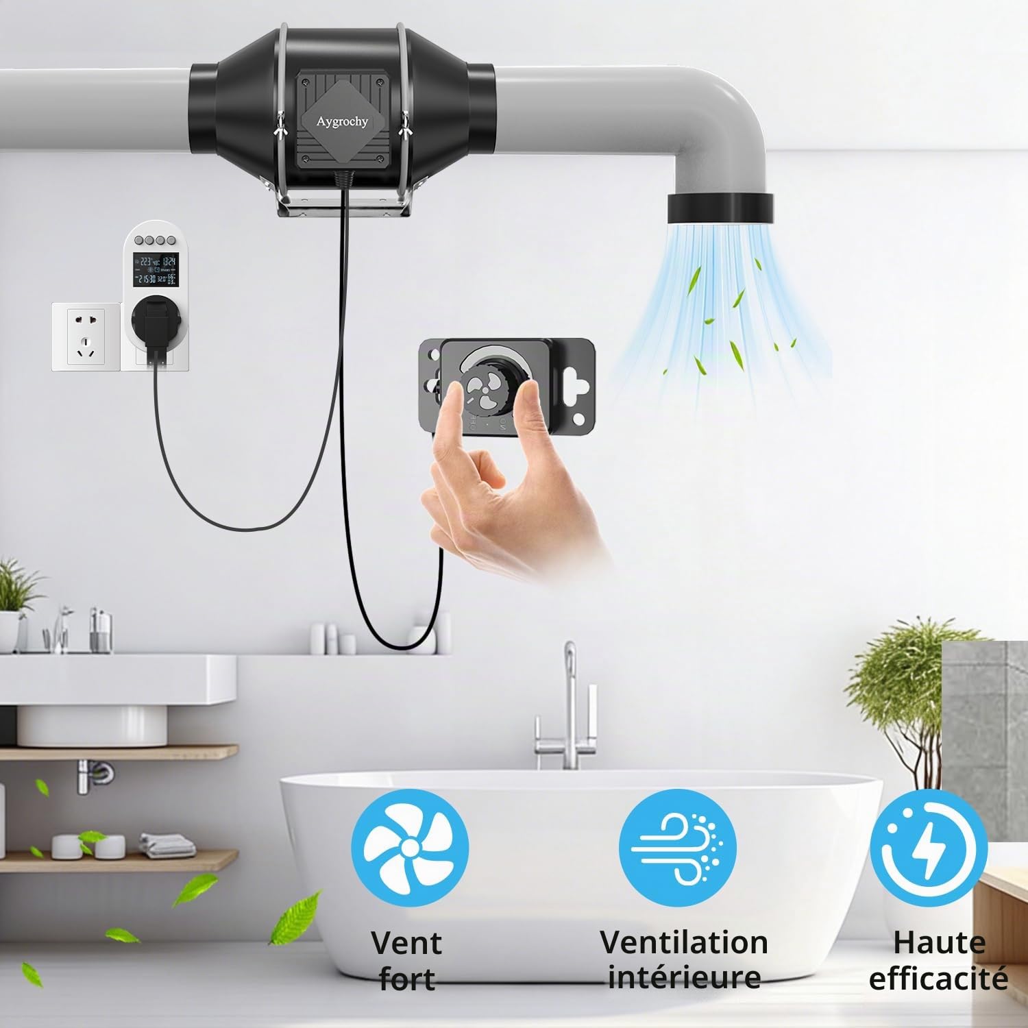Aygrochy Extracteur d'Air 150mm,prise intelligente für tentes | Ventilateur d'extraction 36m³/h) avec capteur d'humidité systèmes de ventilation hydroponique