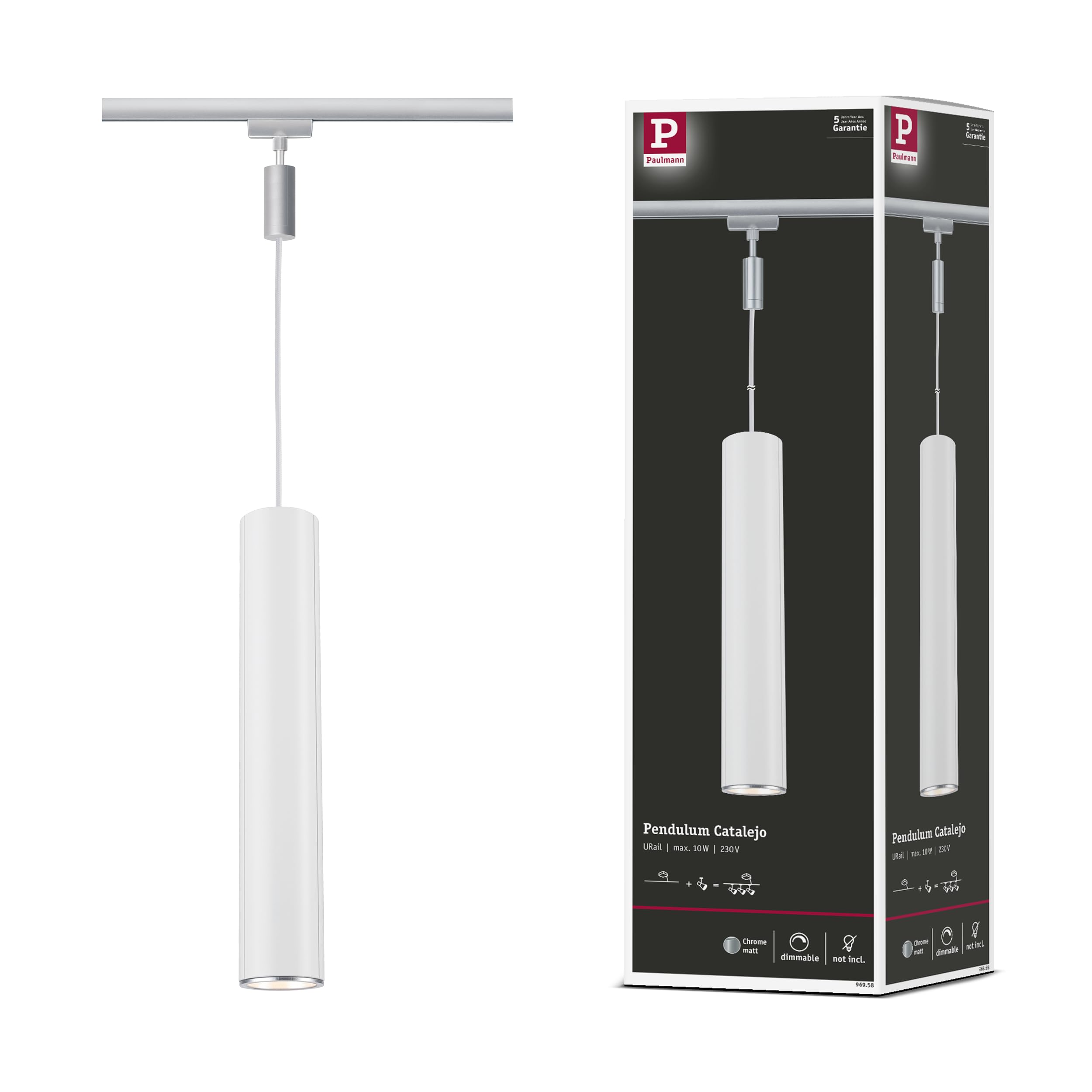 Paulmann Chrome Matt, White 96958 Catalejo Urail Pendant Gu10 Max. 10W Dimmable 230V Rail System – Choose Any Lamp