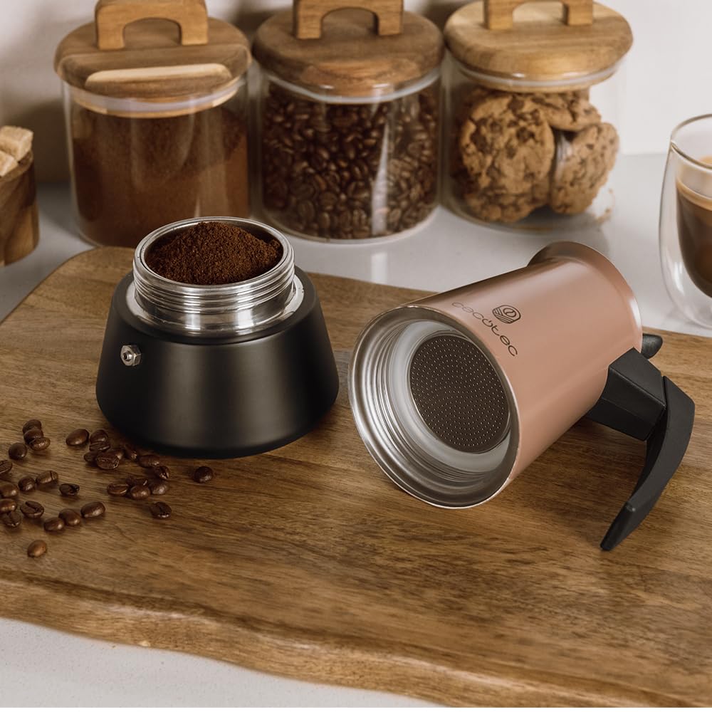 Cecotec Włoski ekspres do kawy Piccolina 900 beżowy, 450 ml, 10 filiżanek do kawy, stal nierdzewna, odpowiedni na każdą powierzchnię, filtr premium, zawór bezpieczeństwa, uchwyt termiczny, elegancki