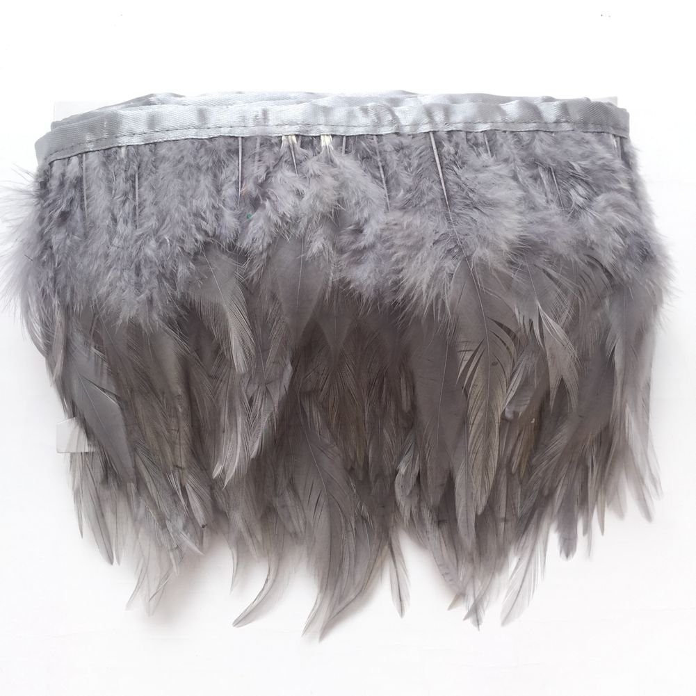 KOLIGHT Pack of 2 Yards Natural Rooster Hackle Feather Trim Fringe 4-6" in Width DIY Decoration (Grey)