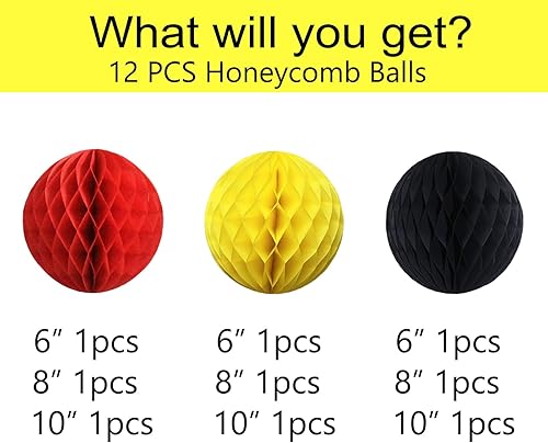 Miniatura 2 de Capesaro 12 piezas de decoración de fiesta de cumpleaños en forma de panal para niños (6, 8, 10 pulgadas, rojo, negro y amarillo)