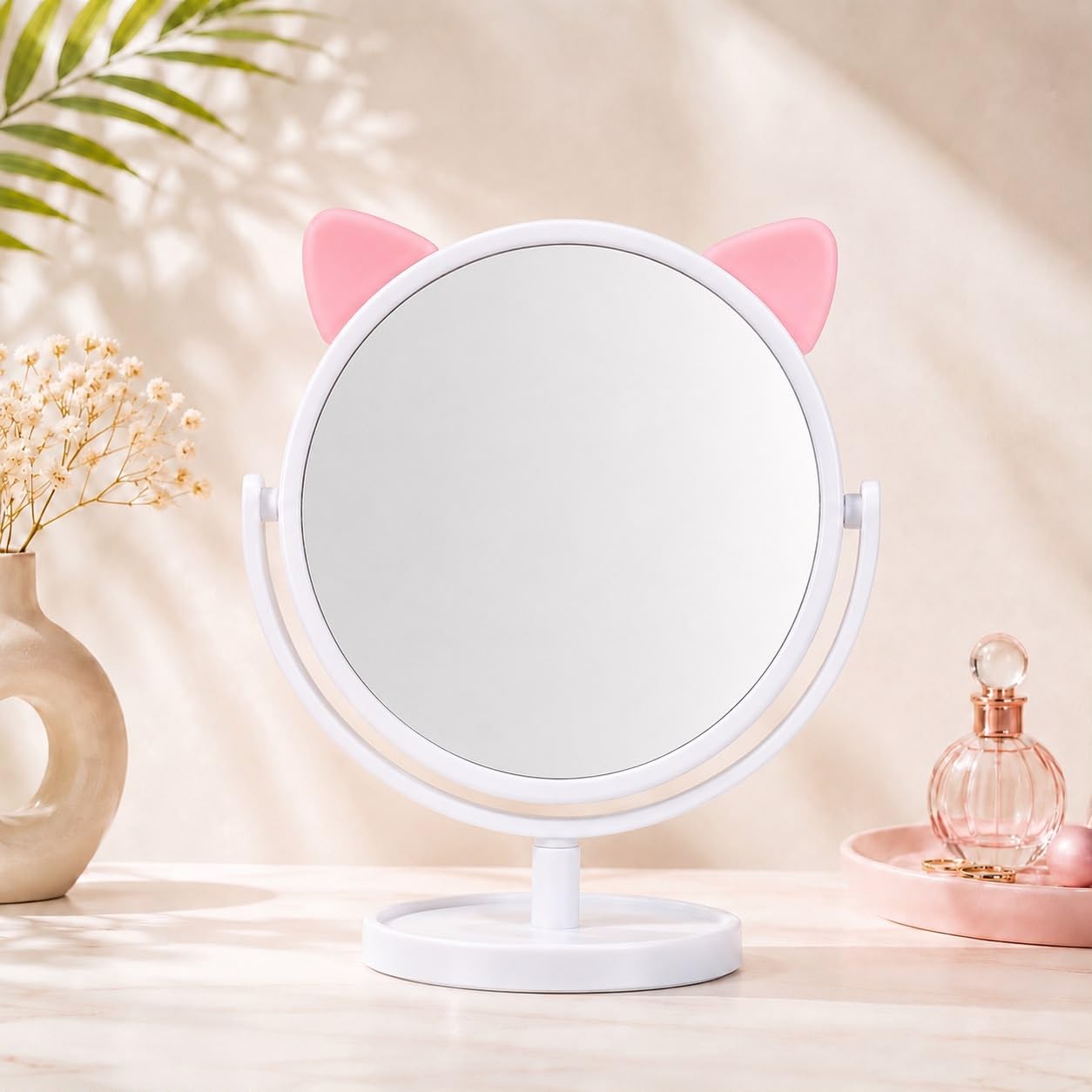 Cute Cat Ear Dressing Table Mirror | Rotating Desktop Cosmetic Mirror with Stand | Stylish Vanity Mirror for Home & Office | White-picture-45