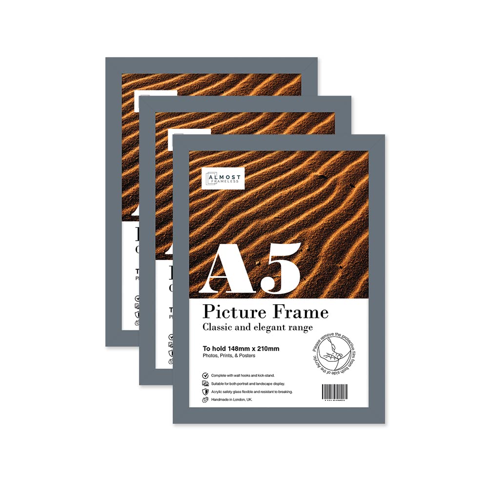 Almost Frameless A5 Grey Picture Frame Set of 3, Display A5 Picture Gallery Wall, Poster, Photo, Artwork, or Print, Grey