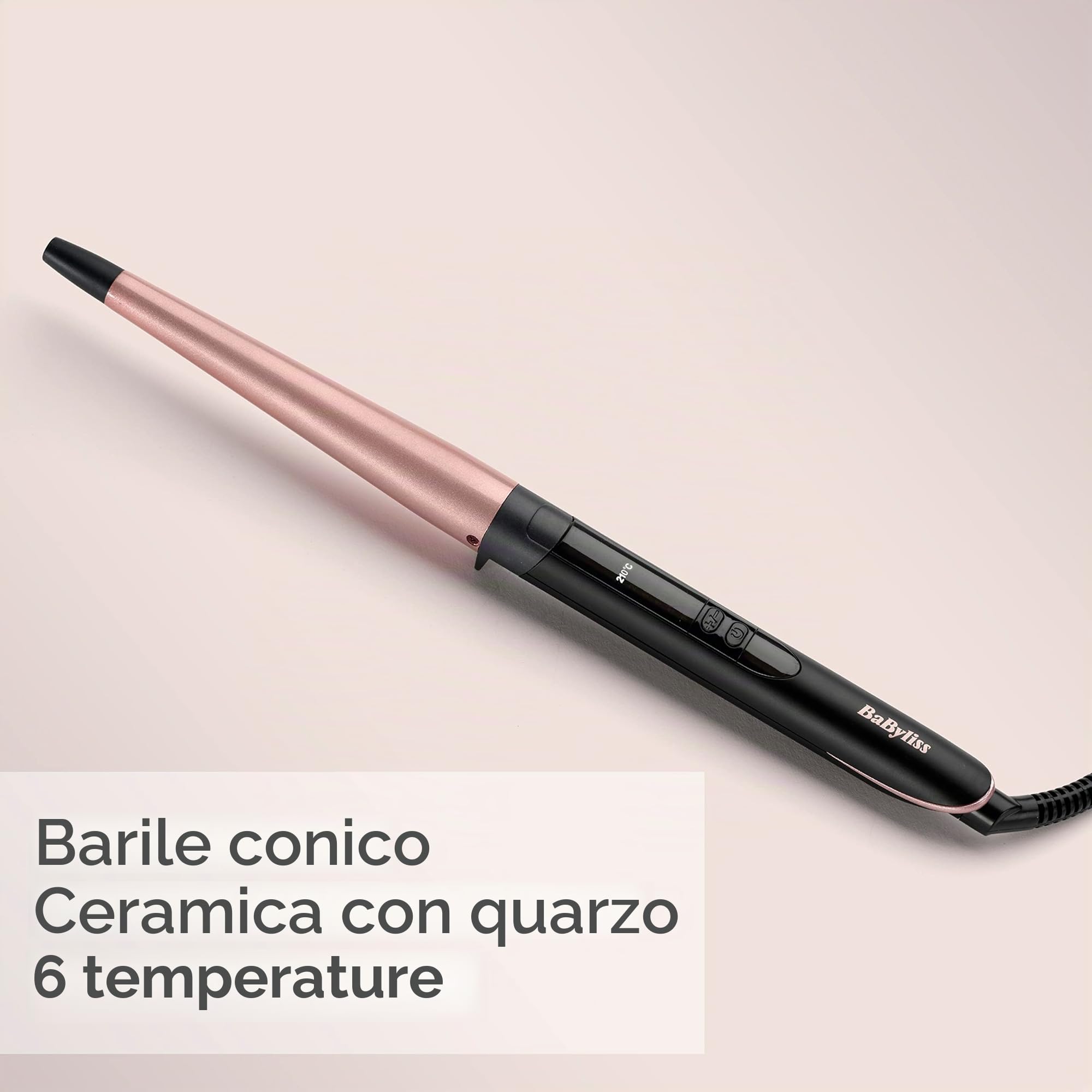 BaByliss Ferro arricciacapelli conico 13-25mm, Look mossi naturali, Quartz Ceramic, 6 Temperature fino a 210°C, Nero e rosa, C454E