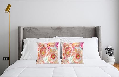 Miniatura 3 de Swono Juego de 2 fundas de almohada de peonía melocotón para hombres y mujeres, rosas en acuarela, peonías, flores, 18 x 18 pulgadas, funda de cojín