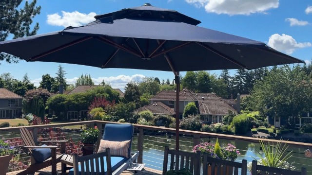 PURPLE LEAF Cantilever Outdoor Umbrella 12ft Wood-Grain Finish, Navy Blue