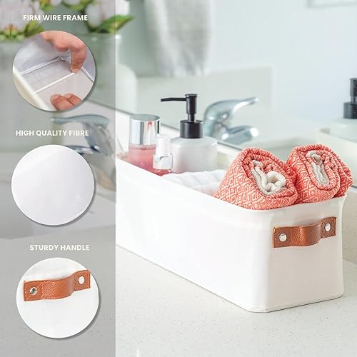 Vista 145 de OrganiHaus - Canastas de almacenamiento estrechas, 15 x 06 pulgadas, pequeñas, para estantes, armarios, baños, organizador de tela con asas, Beige