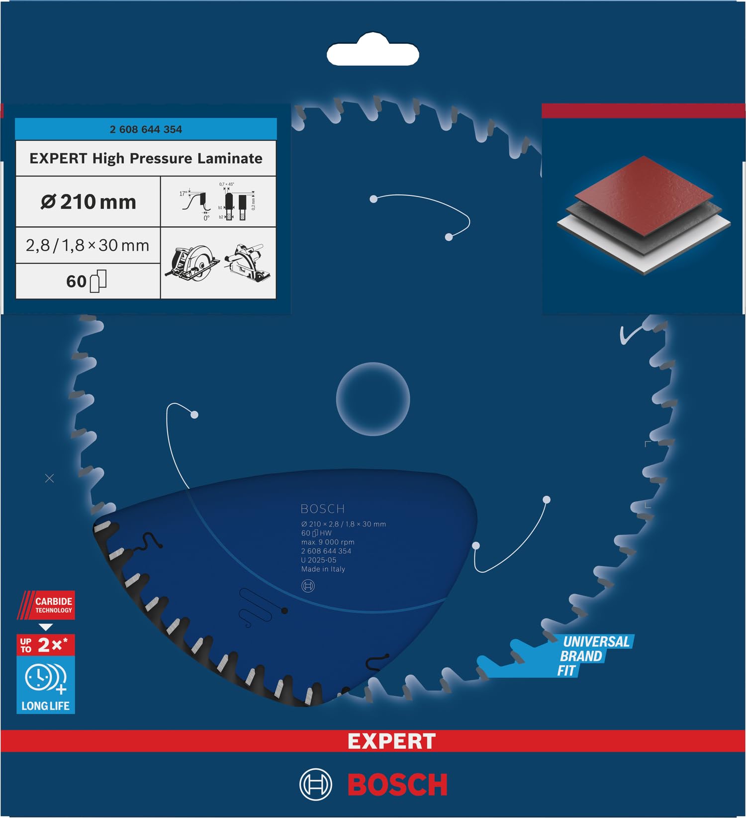 Bosch Professional 2608644354 Expert for High-Pressure Laminate-Hoja de Sierra Circular (para Placas de plástico de Alta presión, 210 x 30 x 2,8 mm, 60 Dientes, Accesorios), 0 W, 0 V, Ø 210 mm