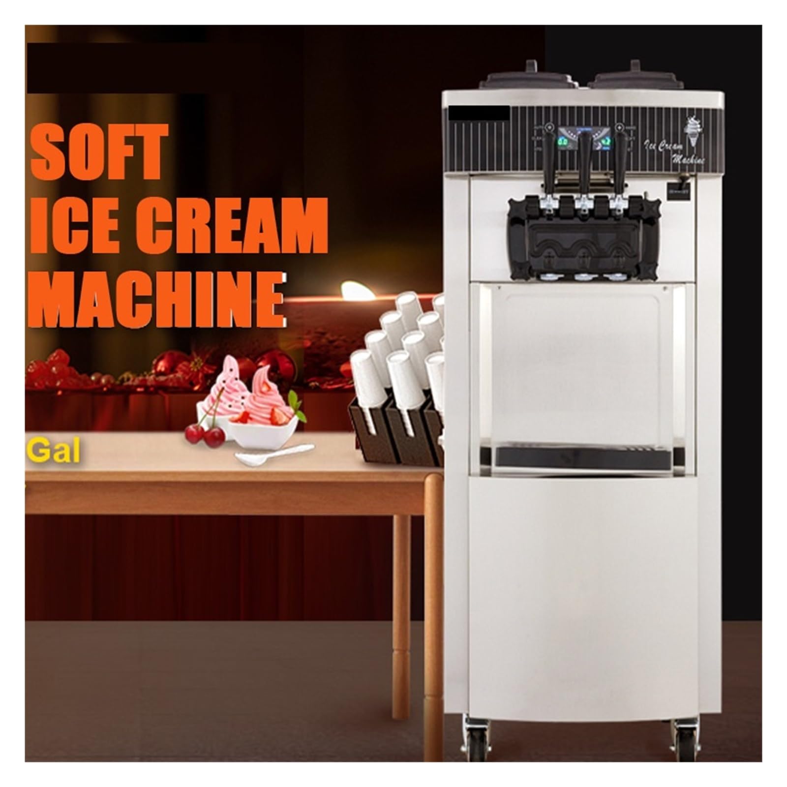 Máquina Comercial de Helados Suaves 2200W 20-28L/H Máquina for Hacer Helados Tolvas Dobles de 6L Máquina for Hacer Helados YKF-8228H(with Cone Holder)