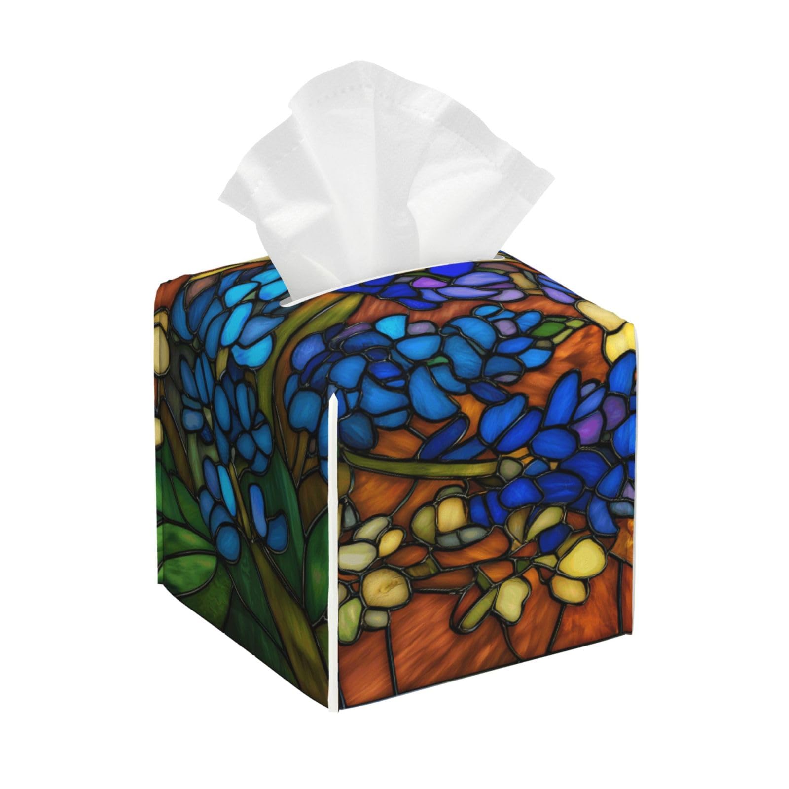 Cluster of Larkspur Flowers Stained Glass Tissue Box Cover Square Pu Leather Waterproof Tissue Box Holder for Car Bathroom Bedroom Office Tabletop Decor