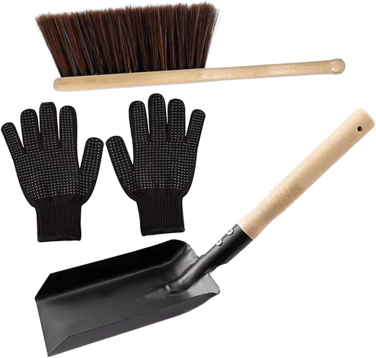 Fireplace Cleaning Set with Wood Handle Brush and Ash Shovel Carbon Steel Shovel with Silicone Gloves for Hearth Multipurpose Fireplace Tool Kit for Ash Soil and Garbage Removal