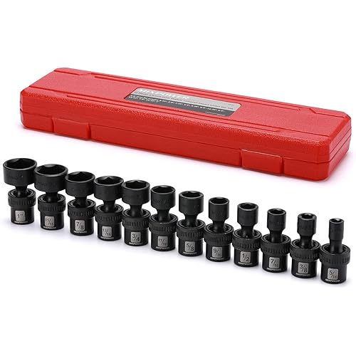 MIXPOWER 3/8" Drive Shallow Impact Universal Joint Swivel Socket Set, SAE, 5/16" - 1", Shallow, Flexible Wobble, Chrome Molybdenum Steel, 12 Pieces Set