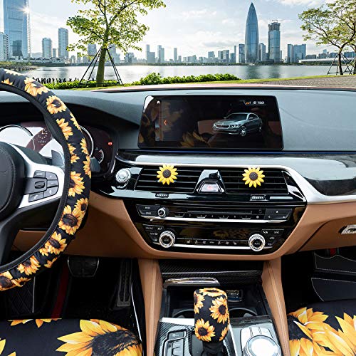 12 PCS Sunflower Car Accessories,2PCS Front Sunflowers Car Seat Covers,Sunflower for Steering Wheel Cover,Vehicle Center Console Armrest Cover Pad,2 Seat Belt Cover,2 Car Coasters,3 Keyring,Car Vent - Thumbnail 6