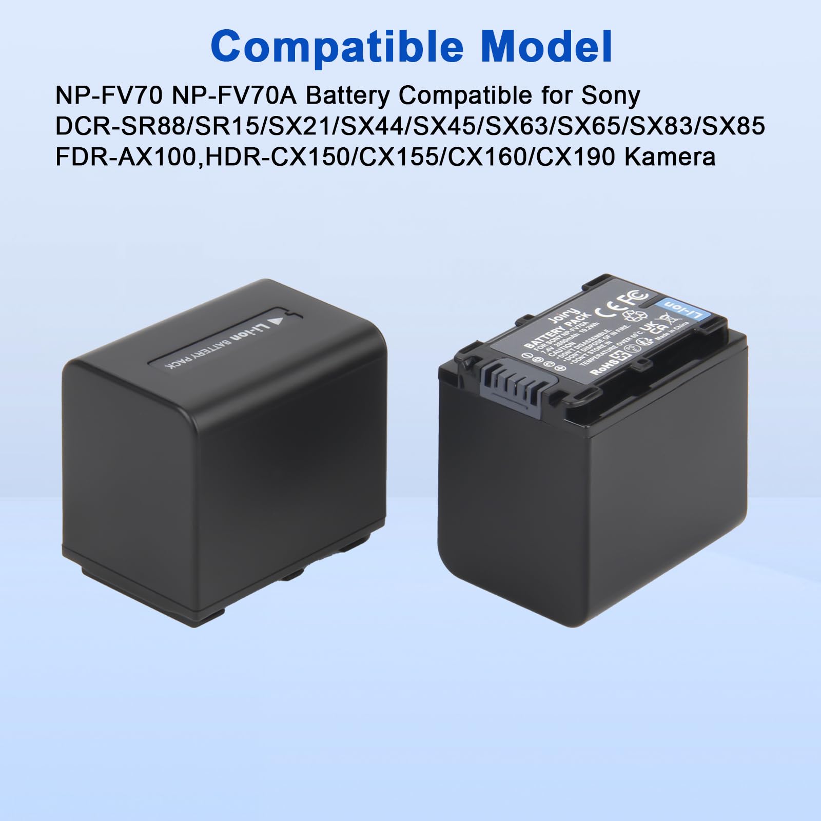 2X NP-FV70 NP-FV70A Batterie de Rechange et Chargeur Double Compatible avec Sony DCR-SR88/SR15/SX21/SX44/SX45/SX63/SX65/SX83/SX85,FDR-AX100,HDR-CX150/CX155/CX160/CX190 caméra