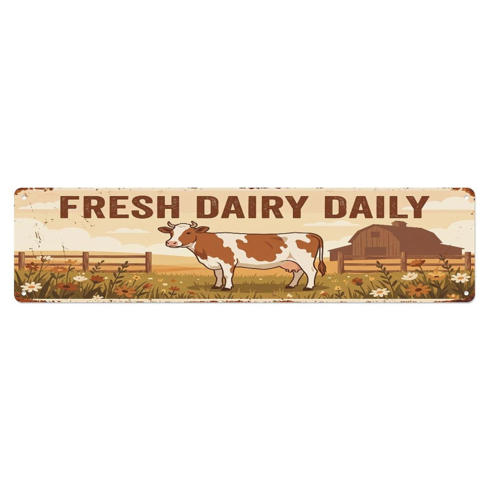 Metal Tin Sign Vintage Guernsey Cow Farm Scene Fresh Dairy Daily