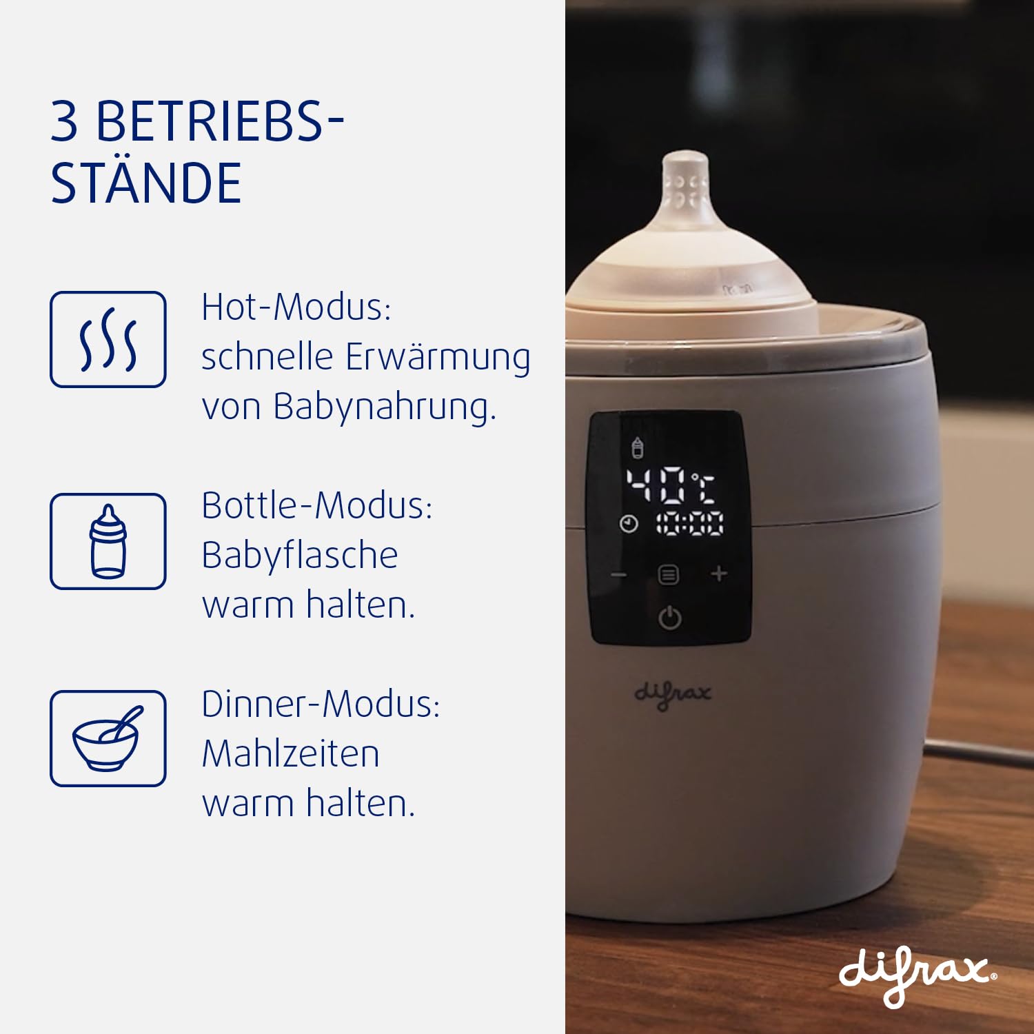 Difrax Flaschenwärmer - Schnelles und sicheres Erwärmen, Auftaustufe, Stand zum Warmhalten von Flaschen