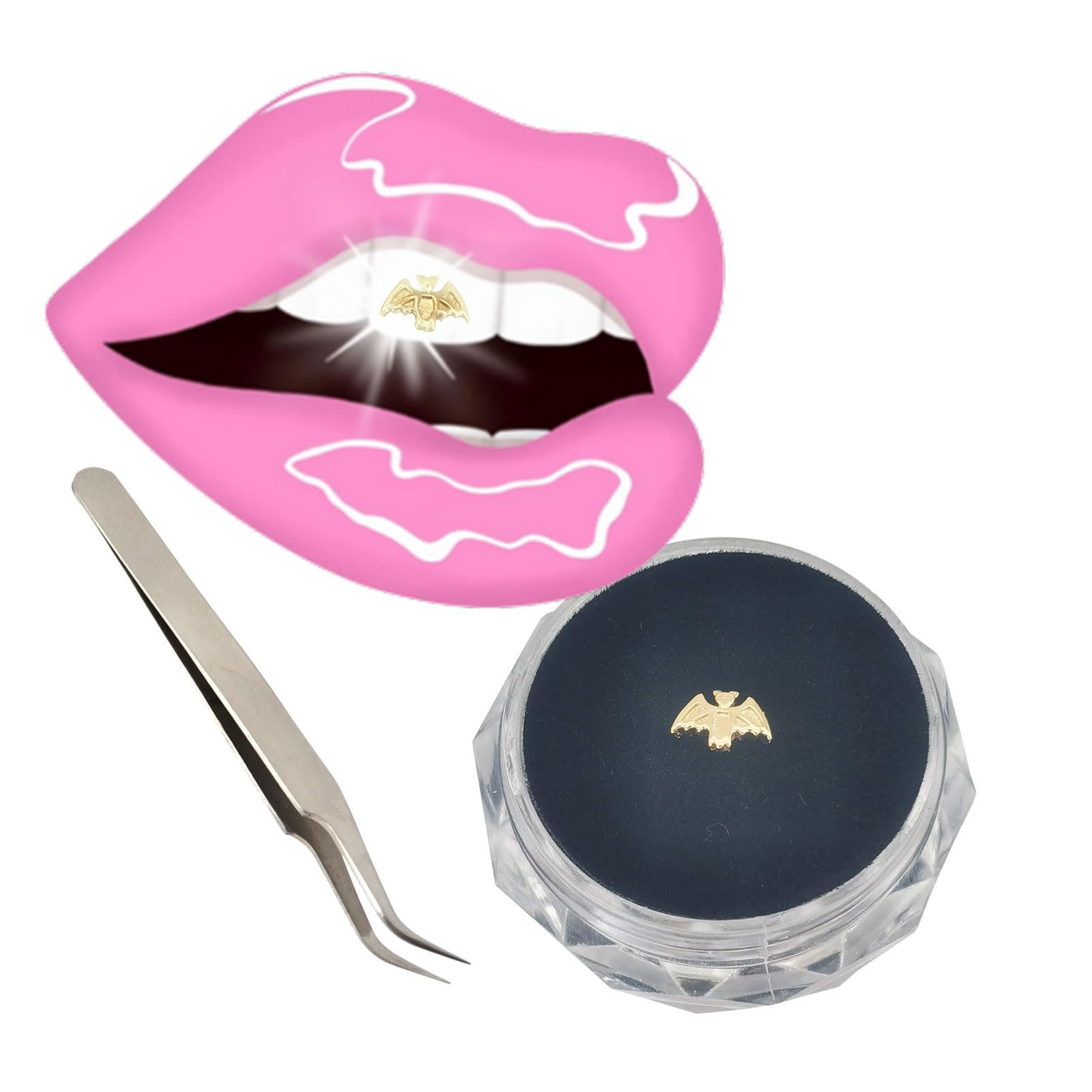Chamon Tooth Gems, 8K Gold Dental Jewelry 4-6mm, 1 Piece Teeth Gems Starter Kit with with Tweezers (Bat)